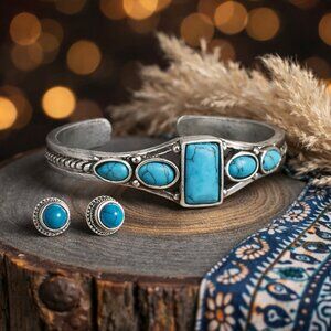 Southwestern Faux Turquoise & Silver Cuff Bracelet & Stud Earrings Set | Boho